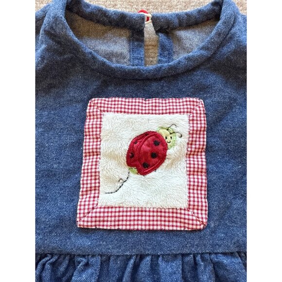 Blue Denim Baby Girl Dress Ladybug Patch & Gingham Detail Tiered Dress 12M - Picture 2 of 6